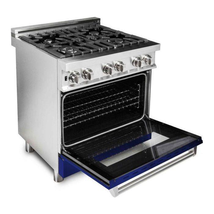 ZLINE 30 in. Professional Dual Fuel Range with Gas Burner and Electric Oven In Stainless Steel with Blue Gloss Door RA-BG-30