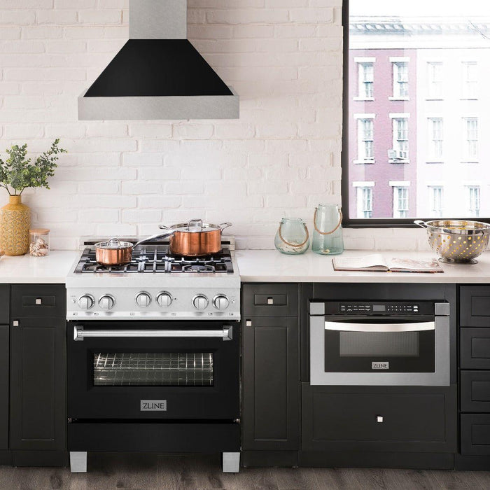 ZLINE 30 in. Professional Gas Range In DuraSnow Stainless Steel with Black Matte Door RGS-BLM-30