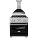 ZLINE 30 In. Professional Gas Range In DuraSnow with Black Matte Door & 30" Range Hood Appliance Package 2KP-RGSBLMRH30