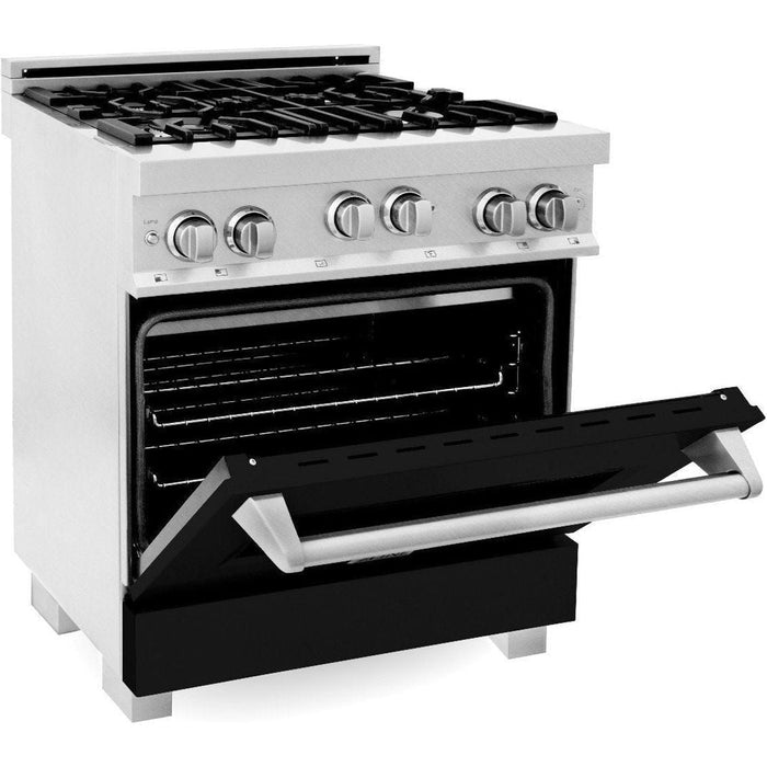 ZLINE 30 In. Professional Gas Range In DuraSnow with Black Matte Door & 30" Range Hood Appliance Package 2KP-RGSBLMRH30