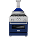 ZLINE 30 In. Professional Gas Range In DuraSnow with Blue Gloss Door & 30" Range Hood Appliance Package 2KP-RGSBGRH30