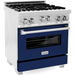 ZLINE 30 In. Professional Gas Range In DuraSnow with Blue Gloss Door & 30" Range Hood Appliance Package 2KP-RGSBGRH30