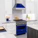 ZLINE 30 In. Professional Gas Range In DuraSnow with Blue Gloss Door & 30" Range Hood Appliance Package 2KP-RGSBGRH30