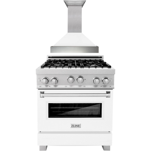 ZLINE 30 In. Professional Gas Range In DuraSnow with White Matte Door & 30" Range Hood Appliance Package 2KP-RGSWMRH30