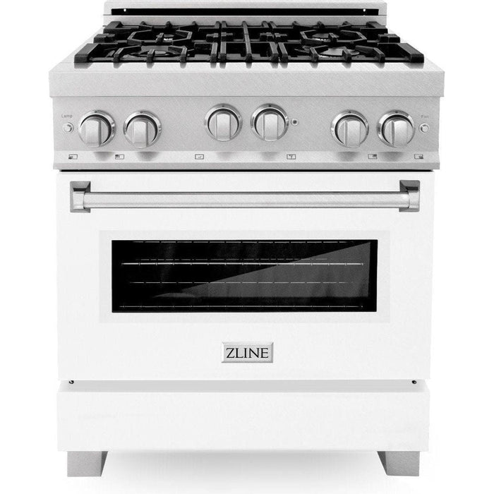 ZLINE 30 In. Professional Gas Range In DuraSnow with White Matte Door & 30" Range Hood Appliance Package 2KP-RGSWMRH30