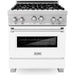 ZLINE 30 In. Professional Gas Range In DuraSnow with White Matte Door & 30" Range Hood Appliance Package 2KP-RGSWMRH30