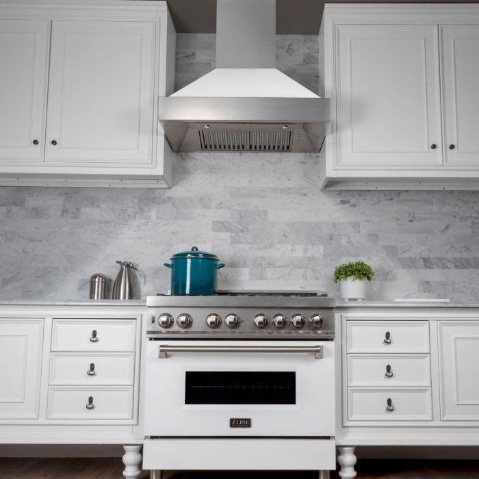 ZLINE 30 In. Professional Gas Range In DuraSnow with White Matte Door & 30" Range Hood Appliance Package 2KP-RGSWMRH30