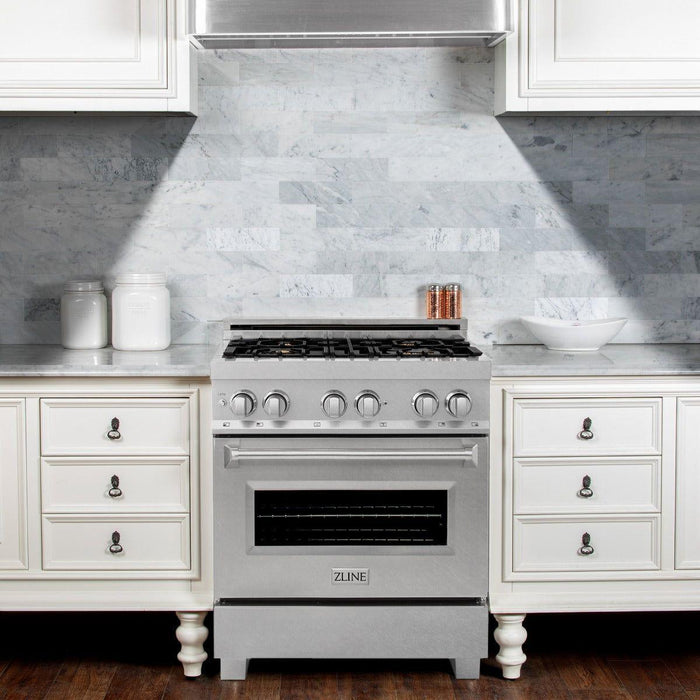 ZLINE 30 in. Professional Range with Gas Burner and Electric Oven In DuraSnow Stainless with Brass Burners RAS-SN-BR-30