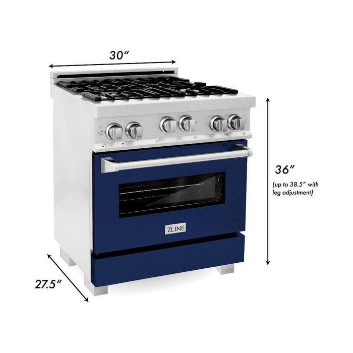 ZLINE 30 in. Professional Range with Gas Burner and Gas Oven In DuraSnow Stainless with Blue Gloss Door RGS-BG-30