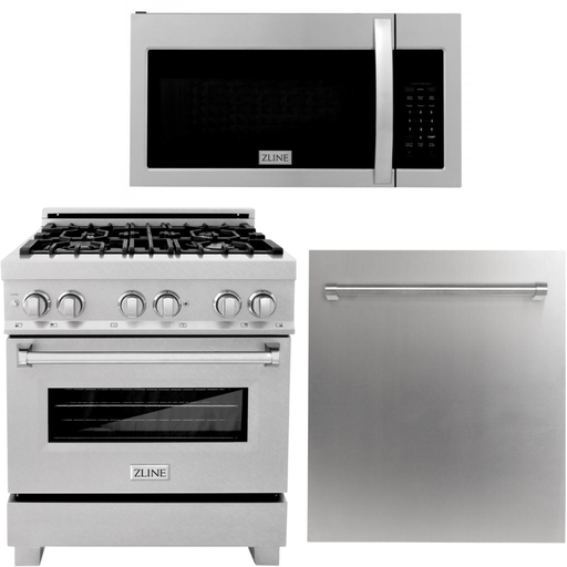 ZLINE 30 in. Stainless Steel Gas Range, Modern Over The Range Microwave and Dishwasher Kitchen Appliance Package 3KP-RGOTR30-DW