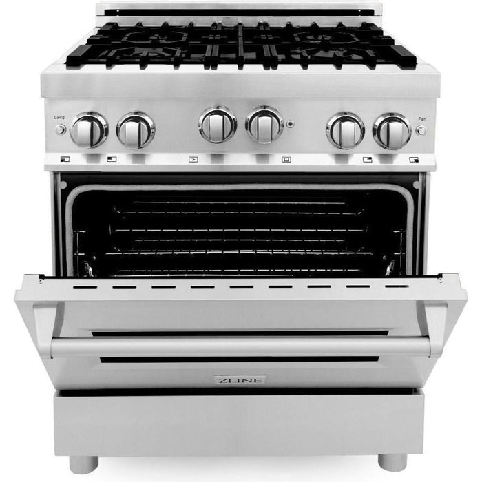 ZLINE 30 in. Stainless Steel Gas Range, Modern Over The Range Microwave and Dishwasher Kitchen Appliance Package 3KP-RGOTR30-DW