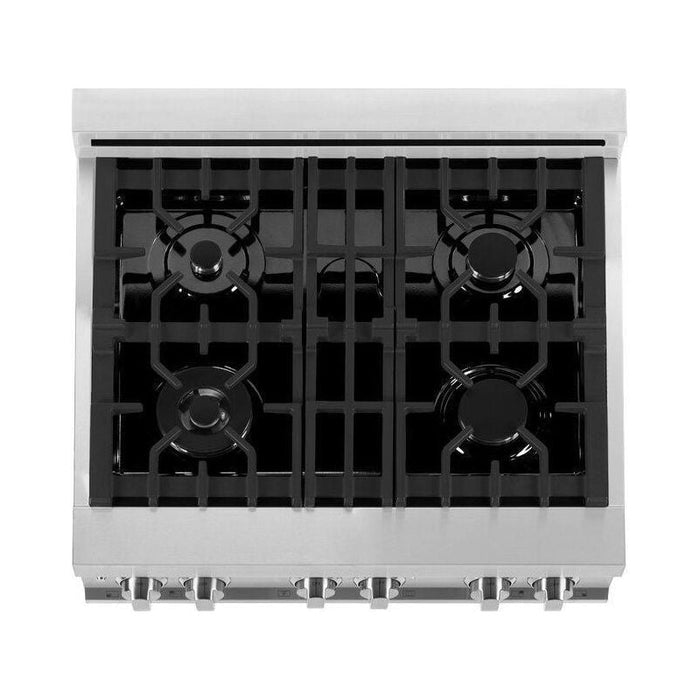 ZLINE 30 in. Stainless Steel Gas Range, Modern Over The Range Microwave and Dishwasher Kitchen Appliance Package 3KP-RGOTR30-DW