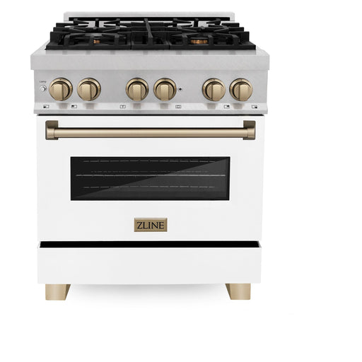 ZLINE 30 Inch Autograph Edition Dual Fuel Range In DuraSnow Stainless Steel with White Matte Door and Champagne Bronze Accents RASZ-WM-30-CB