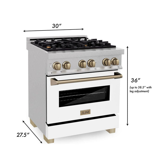 ZLINE 30 Inch Autograph Edition Dual Fuel Range In DuraSnow Stainless Steel with White Matte Door and Champagne Bronze Accents RASZ-WM-30-CB