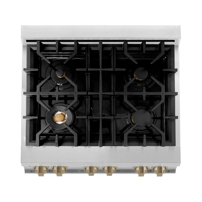 ZLINE 30 Inch Autograph Edition Dual Fuel Range In Stainless Steel with Champagne Bronze Accents RAZ-30-CB