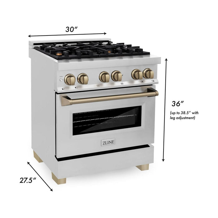 ZLINE 30 Inch Autograph Edition Dual Fuel Range In Stainless Steel with Champagne Bronze Accents RAZ-30-CB