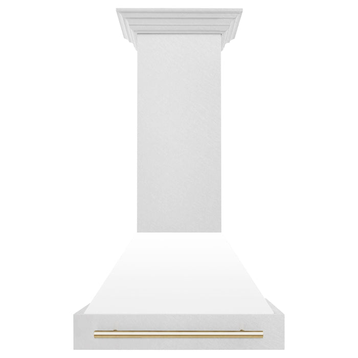 ZLINE 30 Inch Autograph Edition DuraSnow Range Hood with White Matte Shell and Gold Handle 8654SNZ-WM30-G