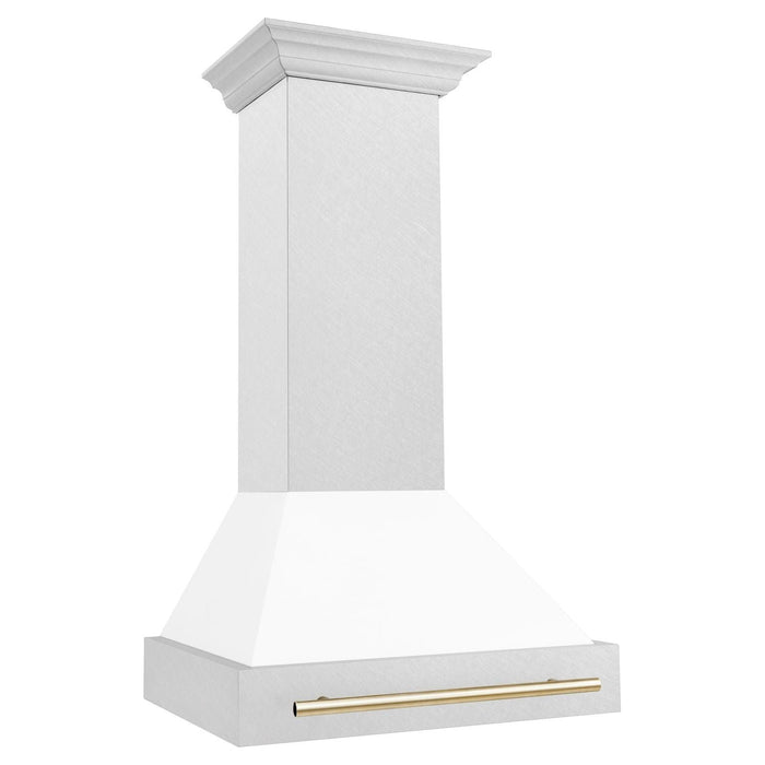 ZLINE 30 Inch Autograph Edition DuraSnow Range Hood with White Matte Shell and Gold Handle 8654SNZ-WM30-G