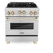 ZLINE 30 Inch Autograph Edition Gas Range In DuraSnow Stainless Steel with Gold Accents RGSZ-SN-30-G