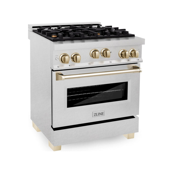 ZLINE 30 Inch Autograph Edition Gas Range In DuraSnow Stainless Steel with Gold Accents RGSZ-SN-30-G