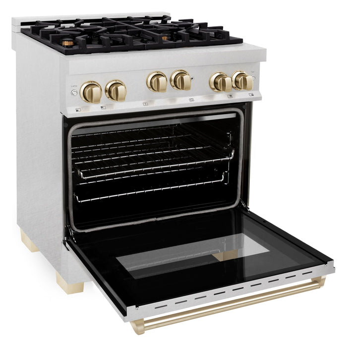 ZLINE 30 Inch Autograph Edition Gas Range In DuraSnow Stainless Steel with Gold Accents RGSZ-SN-30-G