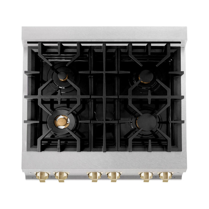 ZLINE 30 Inch Autograph Edition Gas Range In DuraSnow Stainless Steel with Gold Accents RGSZ-SN-30-G