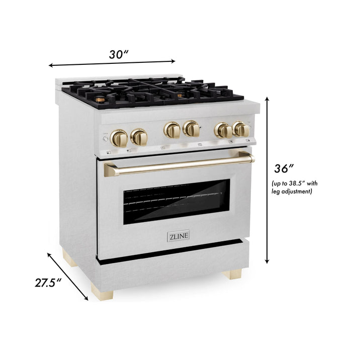 ZLINE 30 Inch Autograph Edition Gas Range In DuraSnow Stainless Steel with Gold Accents RGSZ-SN-30-G