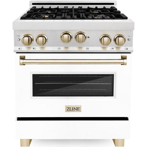 ZLINE 30 Inch Autograph Edition Gas Range in DuraSnow Stainless Steel with White Matte Door and Champagne Bronze Accents RGSZ-WM-30-CB