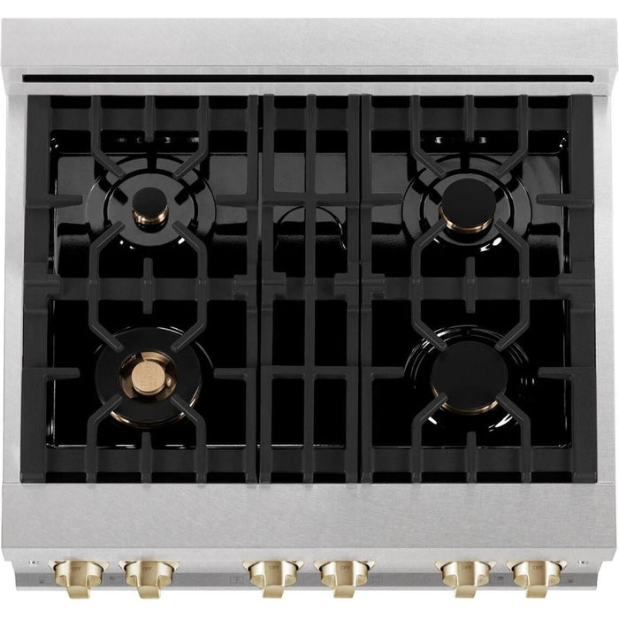 ZLINE 30 Inch Autograph Edition Gas Range in DuraSnow Stainless Steel with White Matte Door and Champagne Bronze Accents RGSZ-WM-30-CB