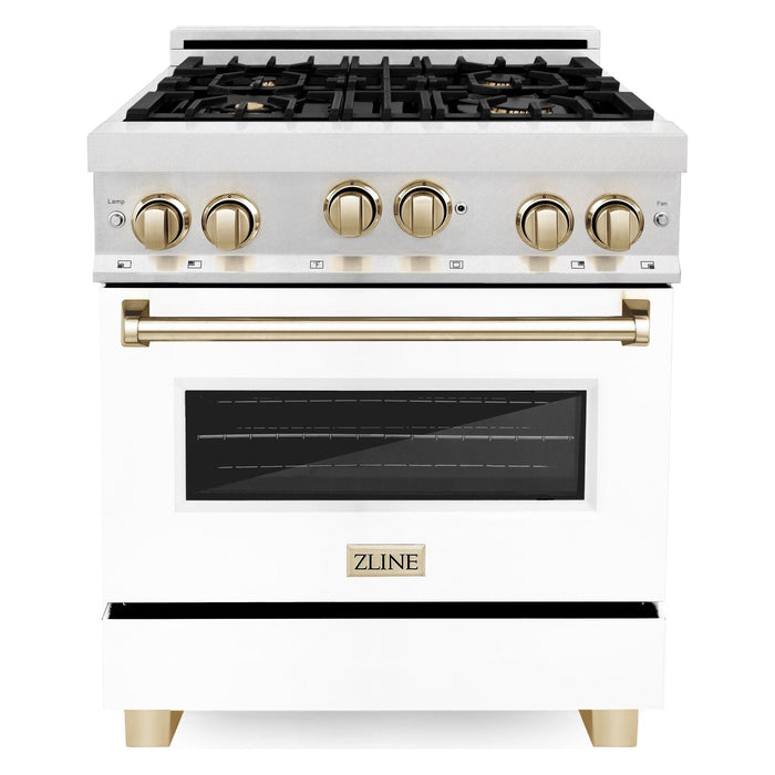 ZLINE 30 Inch Autograph Edition Gas Range In DuraSnow Stainless Steel with White Matte Door and Gold Accents RGSZ-WM-30-G