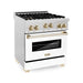 ZLINE 30 Inch Autograph Edition Gas Range In DuraSnow Stainless Steel with White Matte Door and Gold Accents RGSZ-WM-30-G