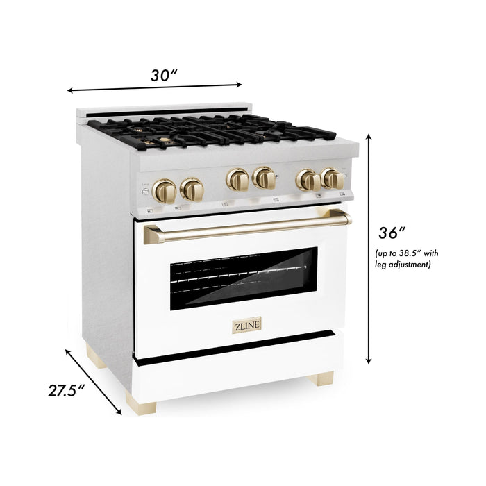 ZLINE 30 Inch Autograph Edition Gas Range In DuraSnow Stainless Steel with White Matte Door and Gold Accents RGSZ-WM-30-G