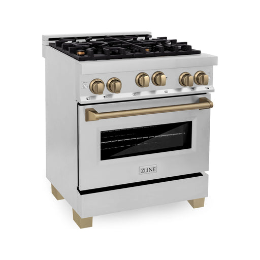 ZLINE 30 Inch Autograph Edition Gas Range In Stainless Steel with Champagne Bronze Accents RGZ-30-CB