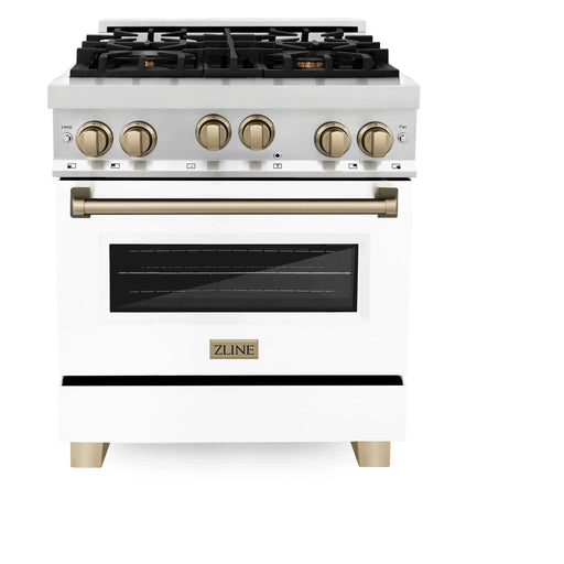 ZLINE 30 Inch Autograph Edition Gas Range in Stainless Steel with White Matte Door and Champagne Bronze Accents RGZ-WM-30-CB