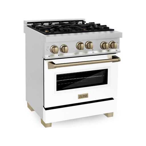 ZLINE 30 Inch Autograph Edition Gas Range in Stainless Steel with White Matte Door and Champagne Bronze Accents RGZ-WM-30-CB