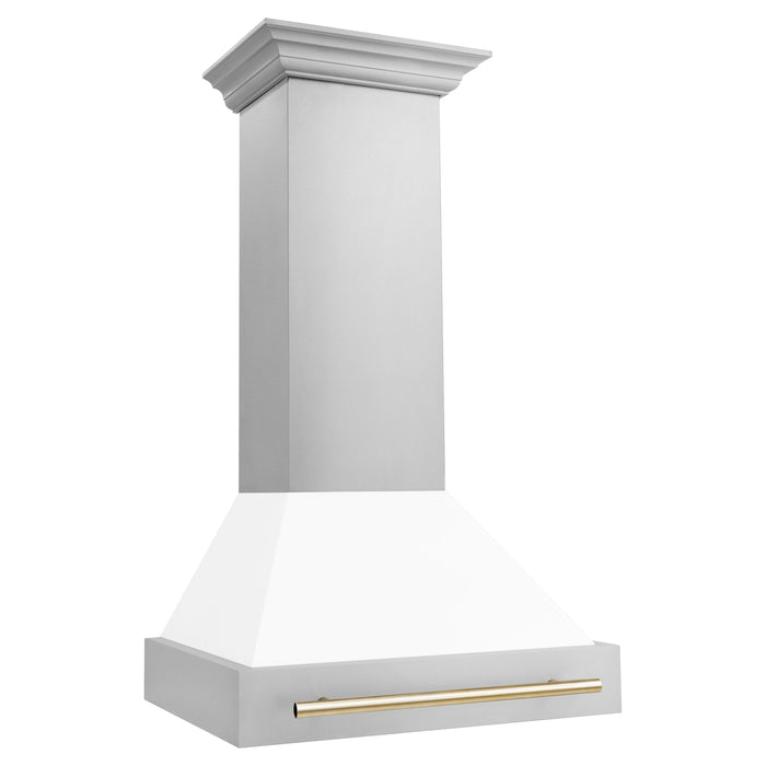 ZLINE 30 Inch Autograph Edition Range Hood with White Matte Shell and Gold Handle 8654STZ-WM30-G