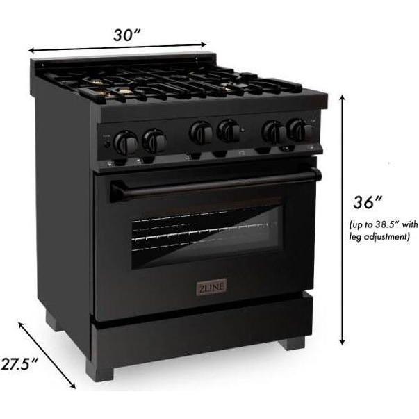 ZLINE 30-Inch Professional 4.0 Cu. Ft. Gas On Gas Range In Black Stainless Steel With Brass Burners RGB-BR-30