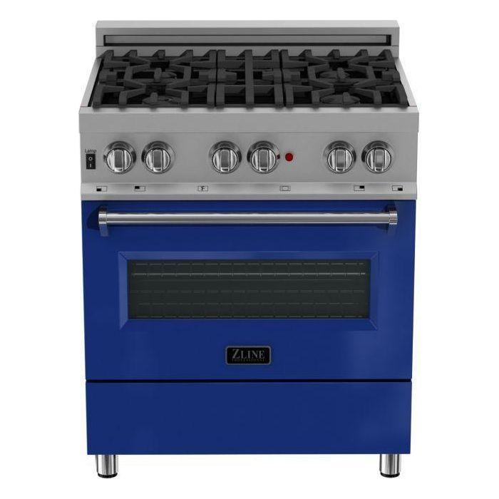 ZLINE 30-Inch Professional Dual Fuel Range In DuraSnow Stainless with Blue Gloss Door RAS-BG-30