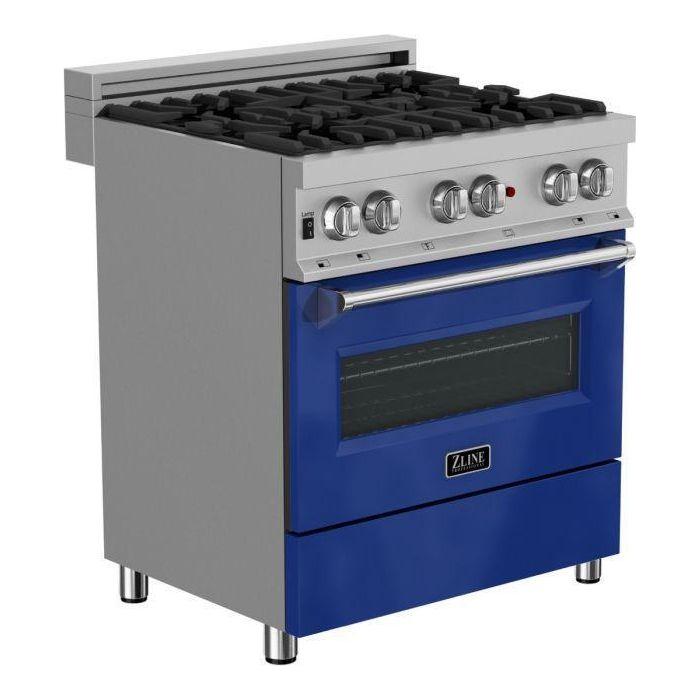 ZLINE 30-Inch Professional Dual Fuel Range In DuraSnow Stainless with Blue Gloss Door RAS-BG-30