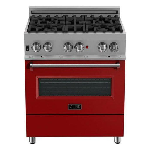 ZLINE 30-Inch Professional Dual Fuel Range In DuraSnow Stainless with Red Gloss Door RAS-RG-30