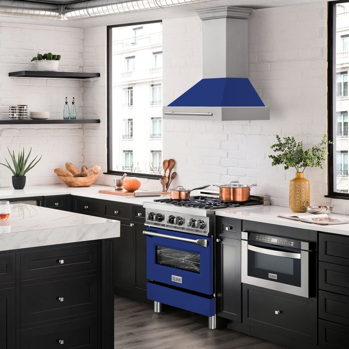 ZLINE 30 Inch Stainless Steel Range Hood with Blue Gloss Shell, 8654STX-BG-30