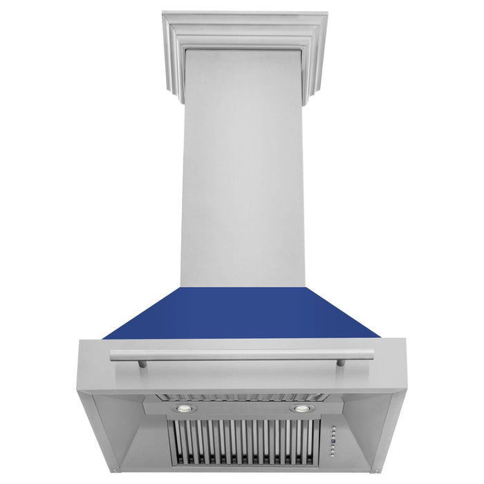 ZLINE 30 Inch Stainless Steel Range Hood with Blue Matte Shell and Stainless Steel Handle, 8654STX-BM-30