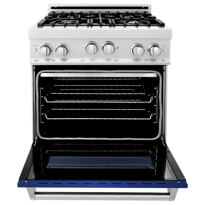 ZLINE 30" Professional Gas Range in DuraSnow with Blue Matte Door & 30" Range Hood Appliance Package 2KP-RGSBMRH30