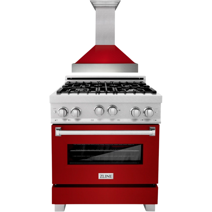 ZLINE 30" Professional Gas Range In DuraSnow with Red Gloss Door & 30" Range Hood Appliance Package 2KP-RGSRGRH30