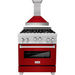 ZLINE 30" Professional Gas Range In DuraSnow with Red Gloss Door & 30" Range Hood Appliance Package 2KP-RGSRGRH30