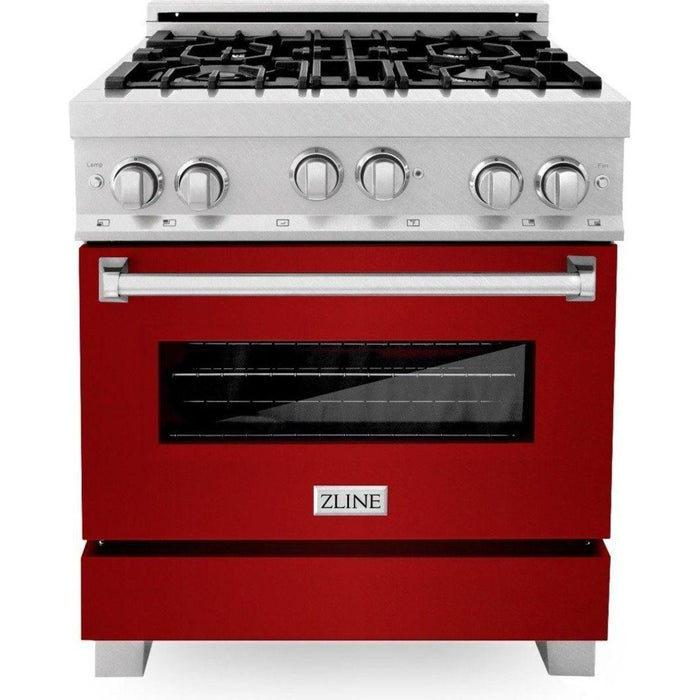 ZLINE 30" Professional Gas Range In DuraSnow with Red Gloss Door & 30" Range Hood Appliance Package 2KP-RGSRGRH30