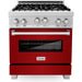 ZLINE 30" Professional Gas Range In DuraSnow with Red Gloss Door & 30" Range Hood Appliance Package 2KP-RGSRGRH30