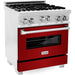 ZLINE 30" Professional Gas Range In DuraSnow with Red Gloss Door & 30" Range Hood Appliance Package 2KP-RGSRGRH30