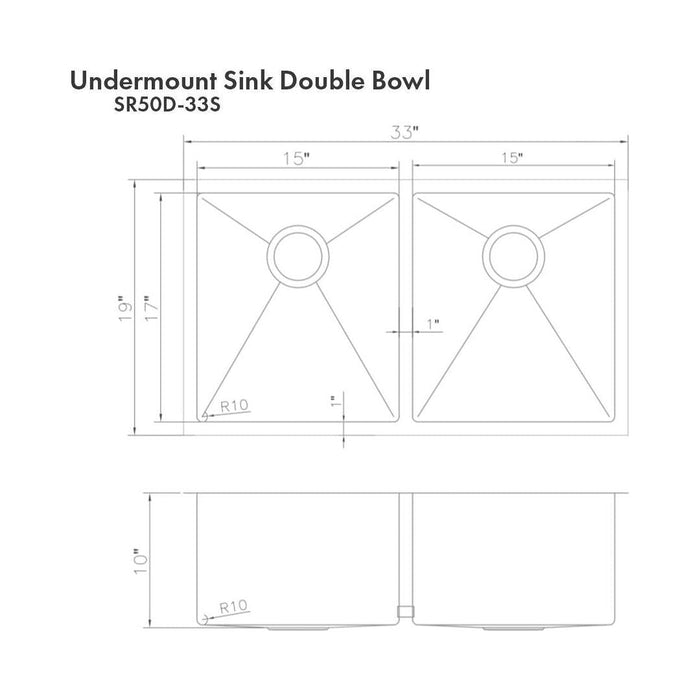 ZLINE 33 in. Anton Undermount Double Bowl DuraSnow Stainless Steel Kitchen Sink with Bottom Grid SR50D-33S