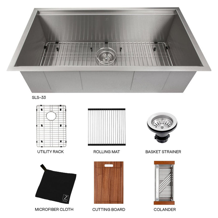 ZLINE 33 in. Garmisch Undermount Single Bowl DuraSnow® Stainless Steel Kitchen Sink with Bottom Grid and Accessories, SLS-33S